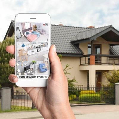 Fort Worth vivint phone display of cctv live feed in front of a house